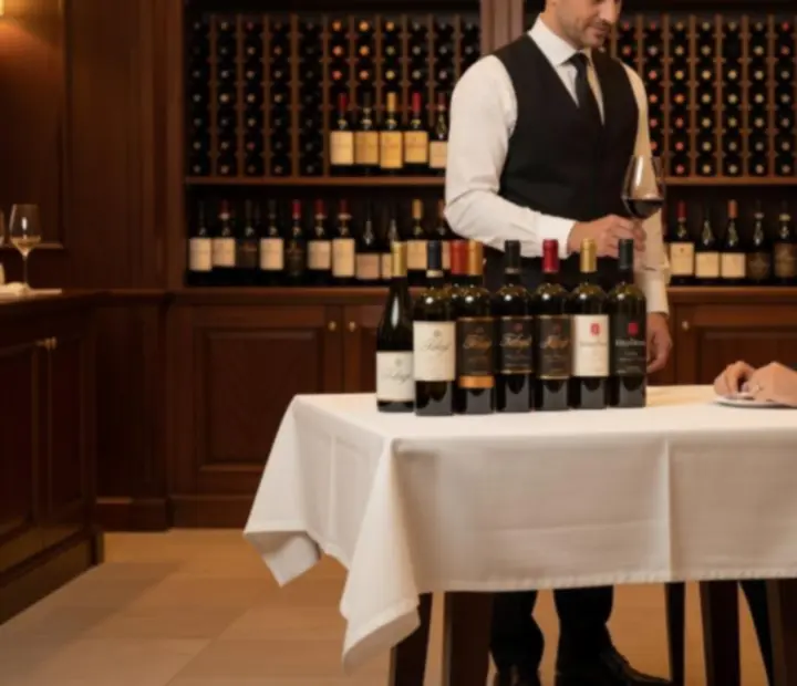 Sommelier válogatott borokat kínál elegáns kristálypoharakba egy fine dining étterem borbárjában