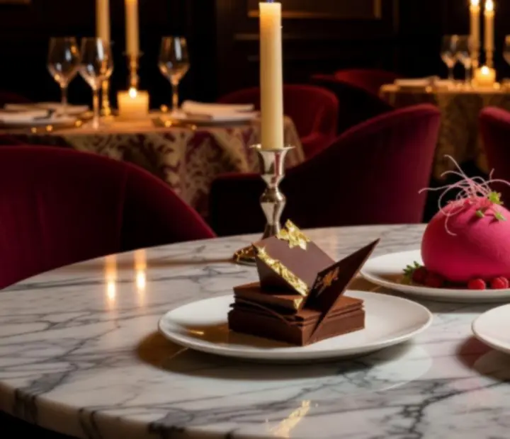 Elegáns, művészien tálalt desszertkompozíció kortárs fine dining stílusban