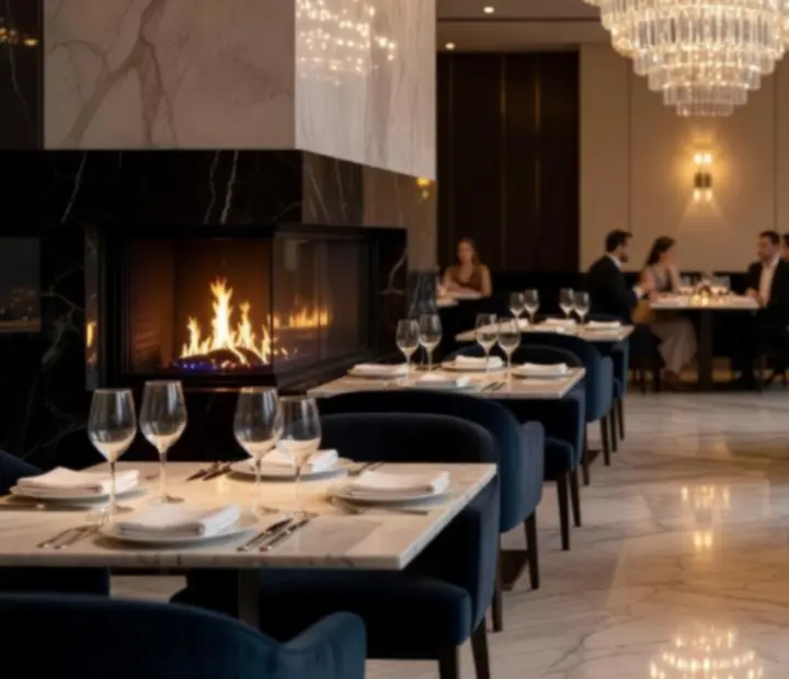 Elegáns, tágas fine dining étterem gyertyafényes asztalokkal és kifinomult szervírozással