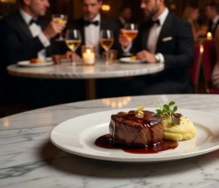 Gourmet fogások és prémium italok elegáns poker asztal mellett