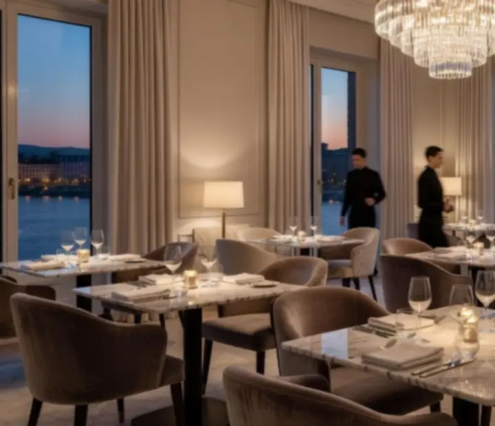 Cinematic nézet egy elegáns budapesti premium poker étterem vacsorateréről