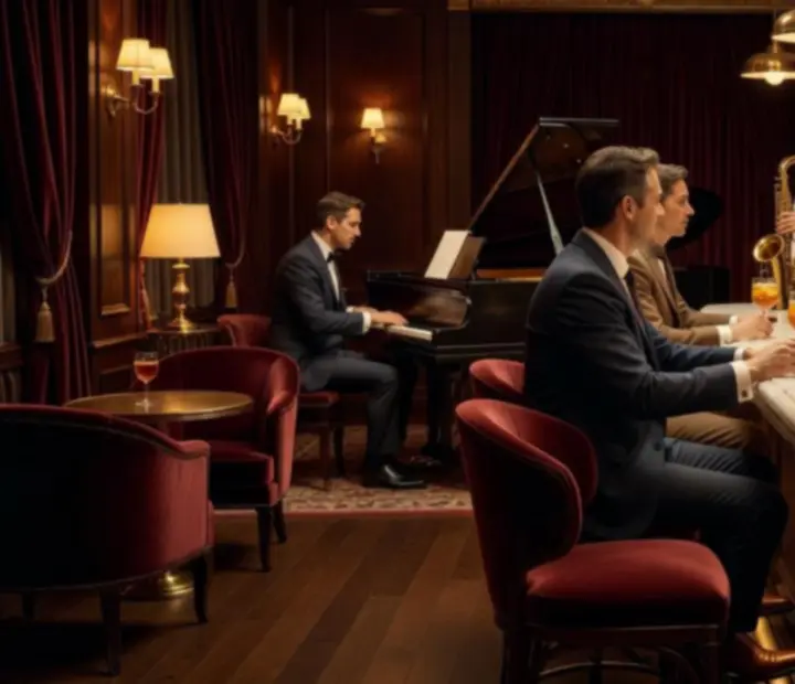 Élő jazz zene a koktélbárban, vendégek koktéllal a kezükben