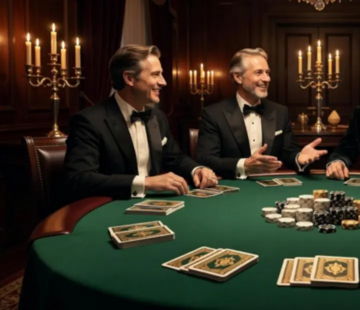 Elegáns társalgó poker asztalokkal, szimbolikus zsetonokkal és mosolygó vendégekkel