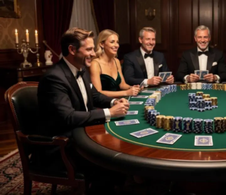 Elegáns poker asztal szimbolikus zsetonokkal egy privát eseményen