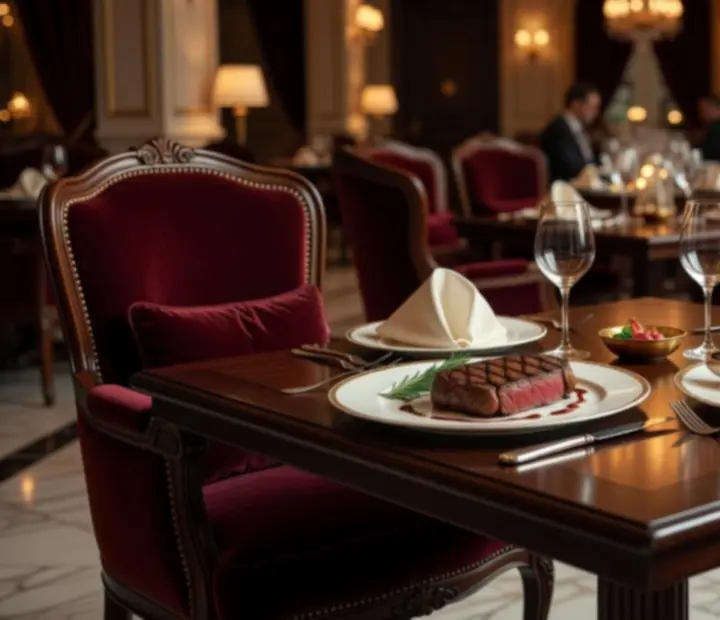 Gourmet steak és tengeri halfilé elegánsan tálalva, fine dining környezetben