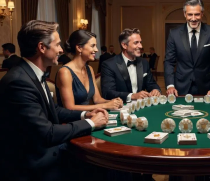 Elegáns poker asztal céges csapatépítőn, szimbolikus zsetonokkal