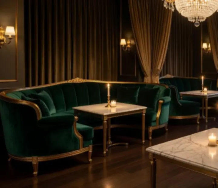Luxus VIP szalon bársonyos bútorokkal, márványasztalokkal és csillárokkal